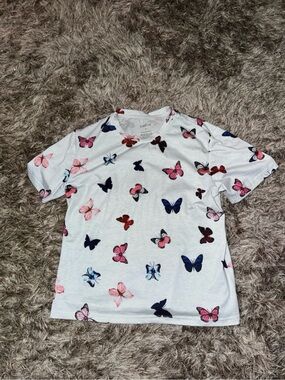 SHEIN White Short Sleeve Tee with Pink & Blue Butterfly Print
